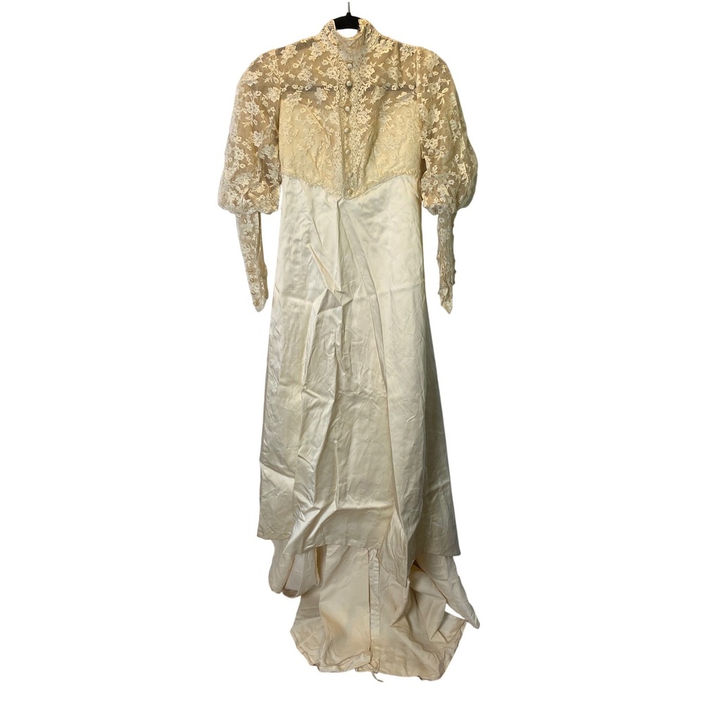 Vintage Handmade Wedding Dress Women XS Ivory Lace Satin Victorian Puff Sleeve